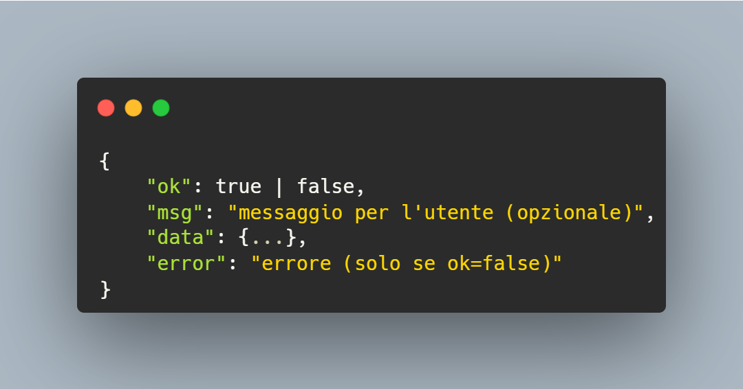 Screenshot esempio risposta JSON con campi ok, msg, data e error