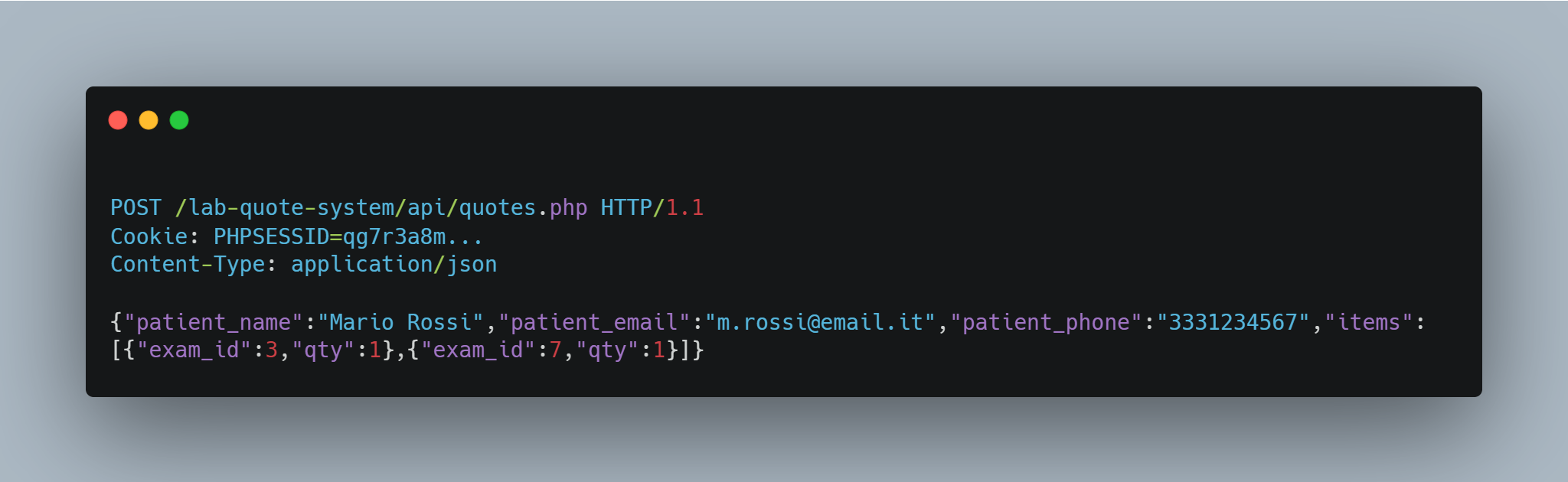 Screenshot richiesta HTTP POST verso api/quotes.php con cookie PHPSESSID e body JSON