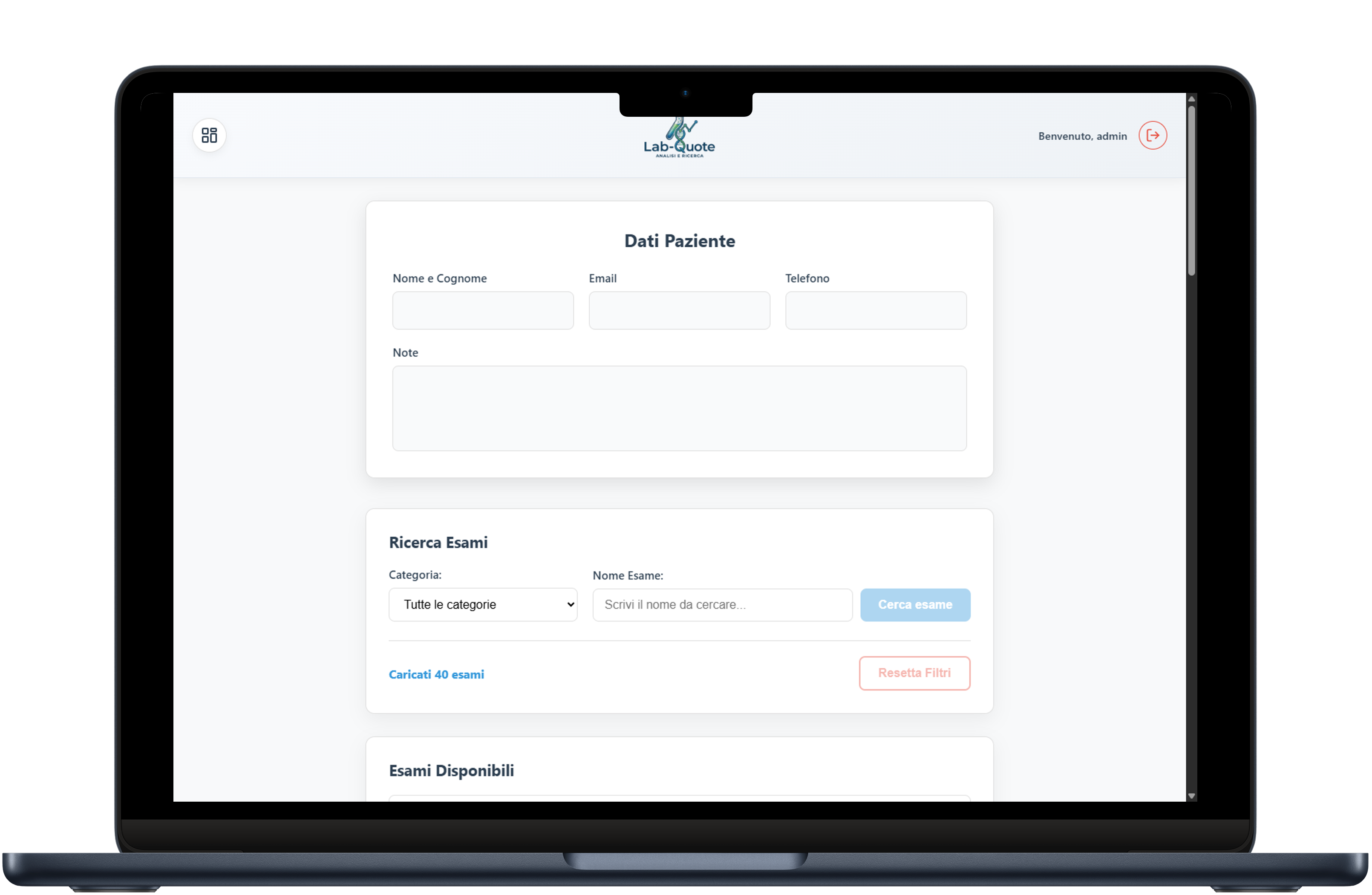 Mockup interfaccia utente LabQuoteSystem